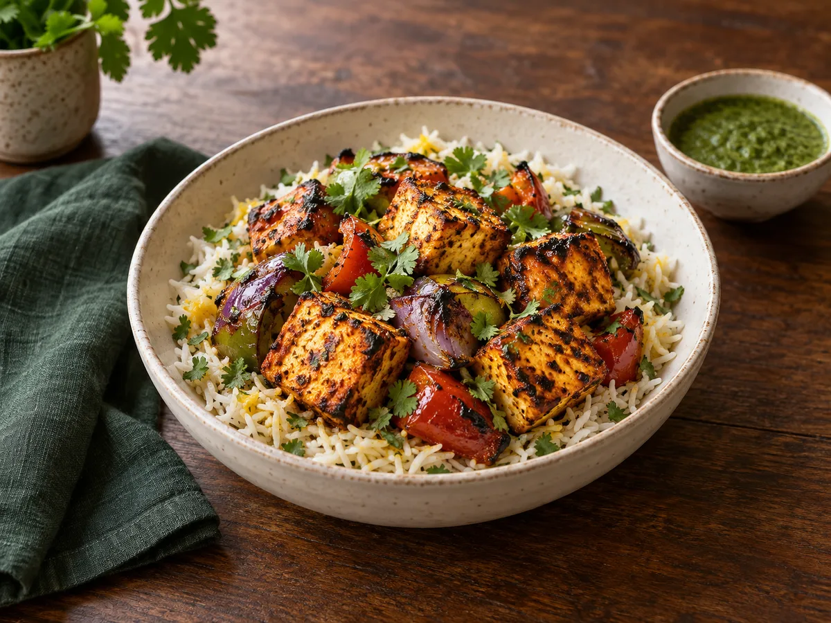 Grilled paneer, colourful vegetables and rice in a bowl